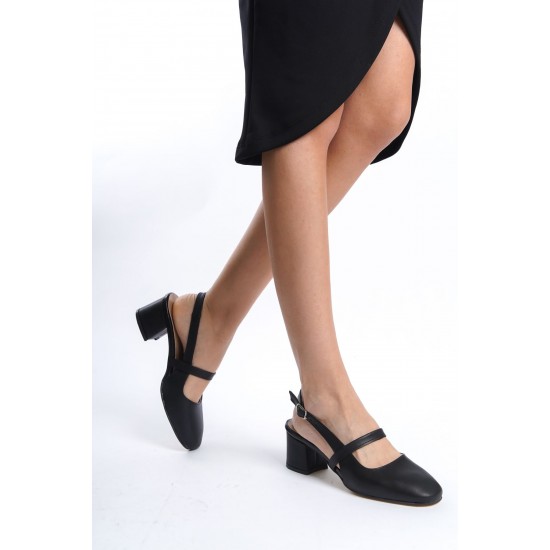 Siyah Cilt Kadın Arkası Açık Kemer Toka Detaylı Rahat 5 cm Klasik Topuklu Ayakkabı DRK020