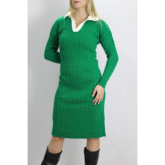 Gömlek Yaka Örme Triko Elbise Yeşil - 07190
