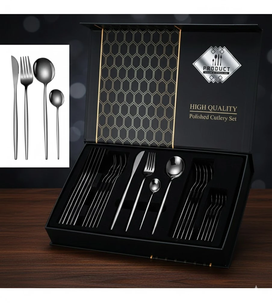 Black Edition 24 Parça Premium Çəngəl-Bıçaq-Qaşıq Dəsti – Xüsusi Paslanmaz Metal, 6 Nəfərlik Modern Yemək Dəsti