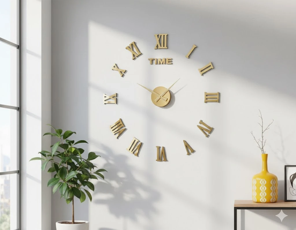 Böyük Dekorativ 3D Divar Saatı – 70 sm Diametr, Yapışqanlı və Səssiz Mexanizmli Müasir İnteryer Saatı