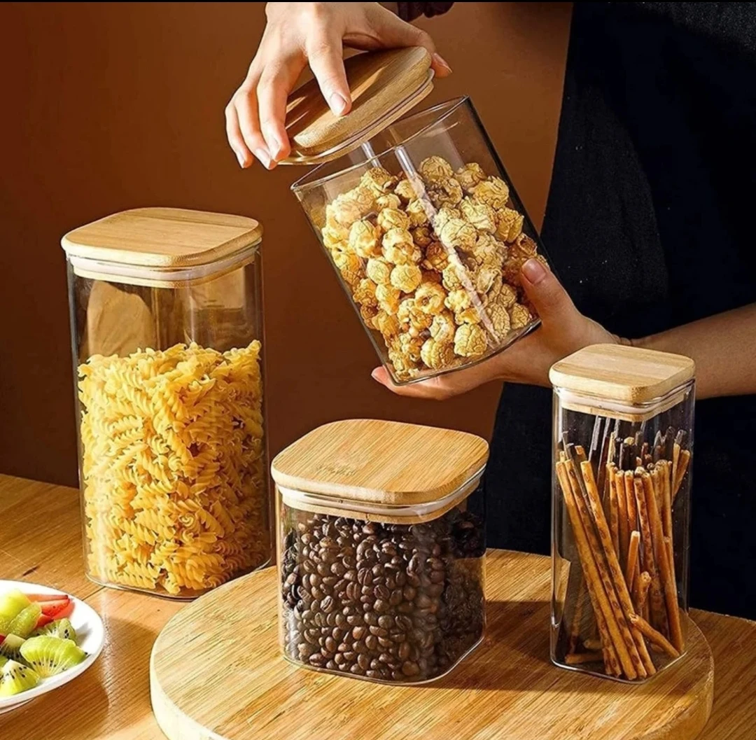 800ml Böyük Şüşə Saxlama Bankası – Təbii Bambuk Qapaqlı, Vakuumlu Taxıl və Makaron Orqanayzer