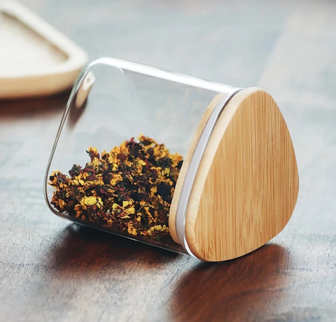 Üçbucaq Başlıqlı Şüşə Saxlama Bankası – Bambuk Qapaqlı