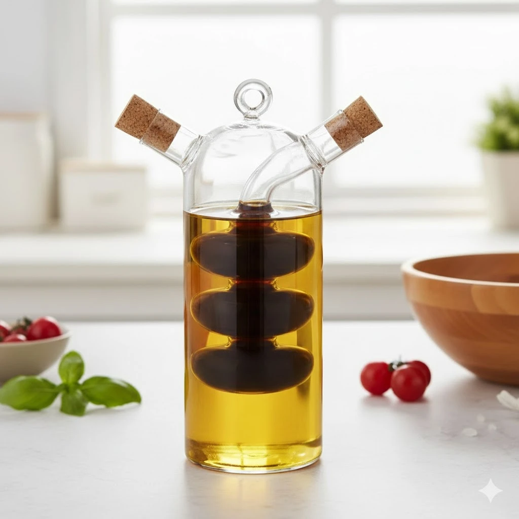 Şar Dizaynlı 2 Hissəli Şüşə Yağlıq və Sirkəlik – 400 ml, Estetik və Kompakt Mətbəx Aksesuarı