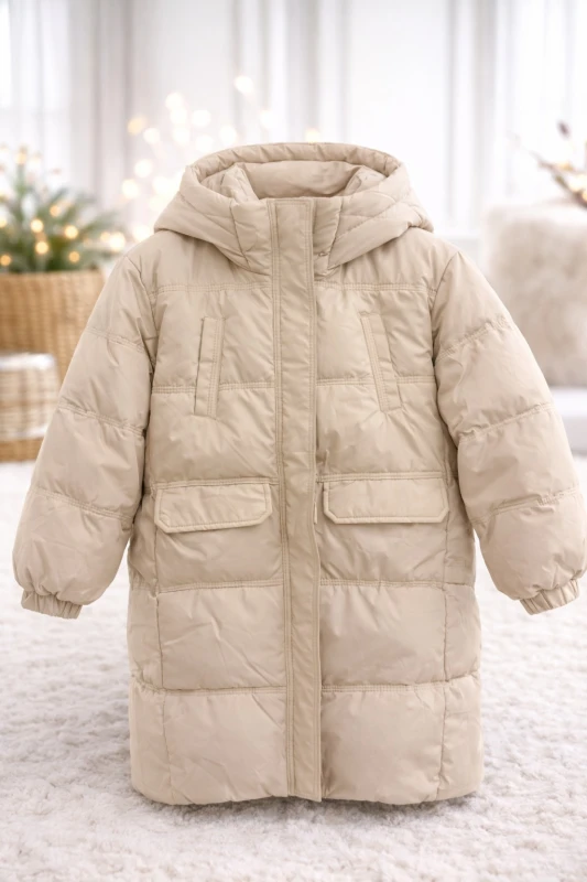 Bej Rəngli Uzun Uşaq Şişmə Paltosu