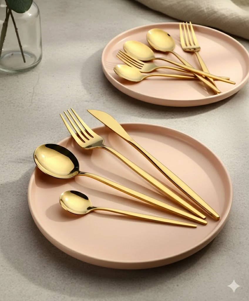 Gold Edition 24 Parça Premium Çəngəl-Bıçaq-Qaşıq Dəsti – Xüsusi Paslanmaz Metal, 6 Nəfərlik Eksklüziv Yemək Dəsti