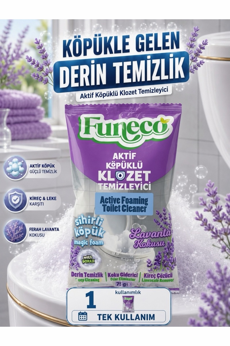 FUNECO Klozet, Tualet və WC Təmizləyici, Aktiv Köpüklü, Lavanda Təravəti - 1 Paket