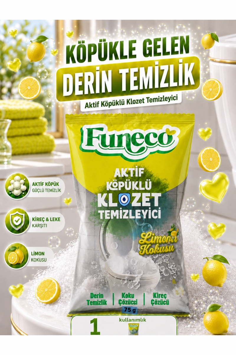 FUNECO Klozet, Tualet və WC Təmizləyici, Aktiv Köpüklü, Limon Qoxusu - 1 Paket