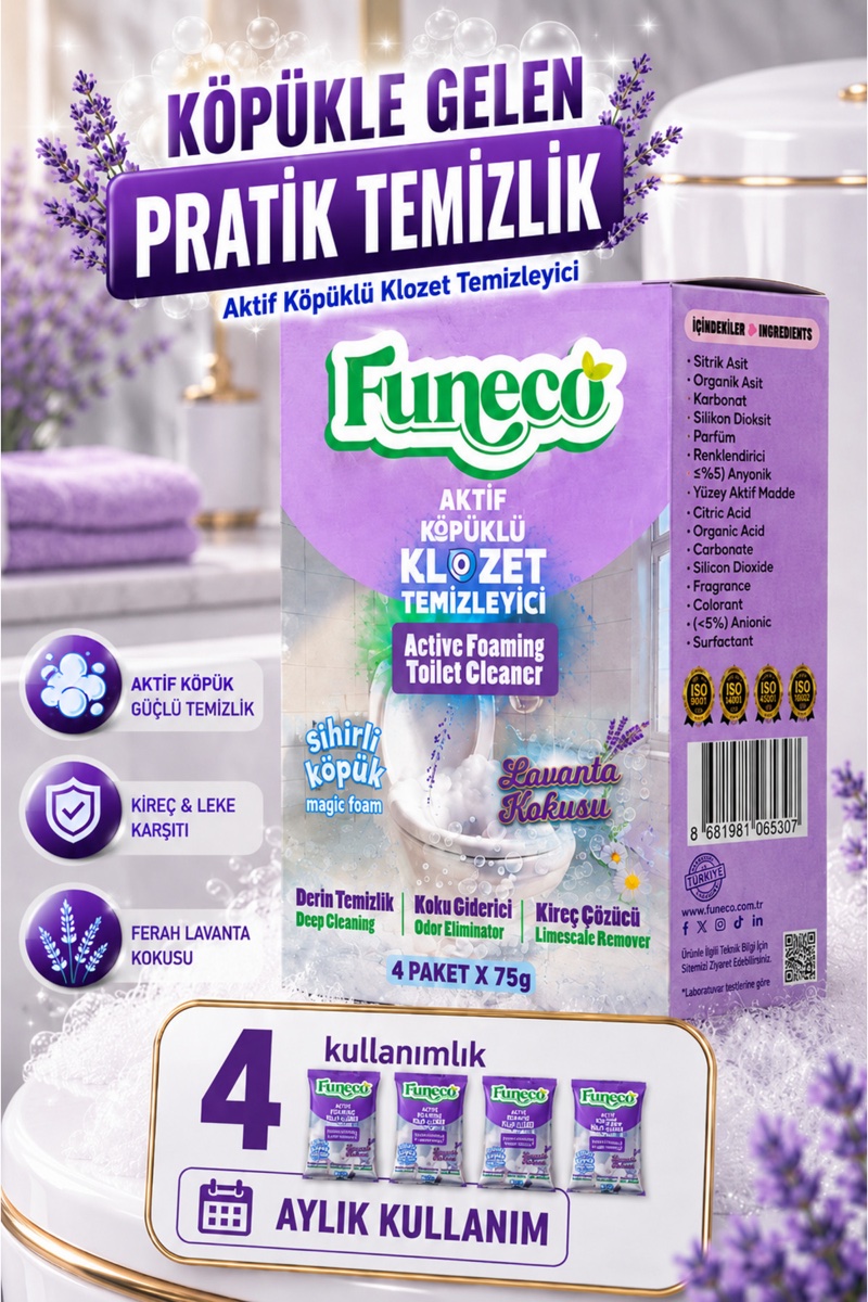 FUNECO Klozet, Tualet və WC Təmizləyici 300 q - Aylıq Paket, Aktiv Köpüklü, Lavanda