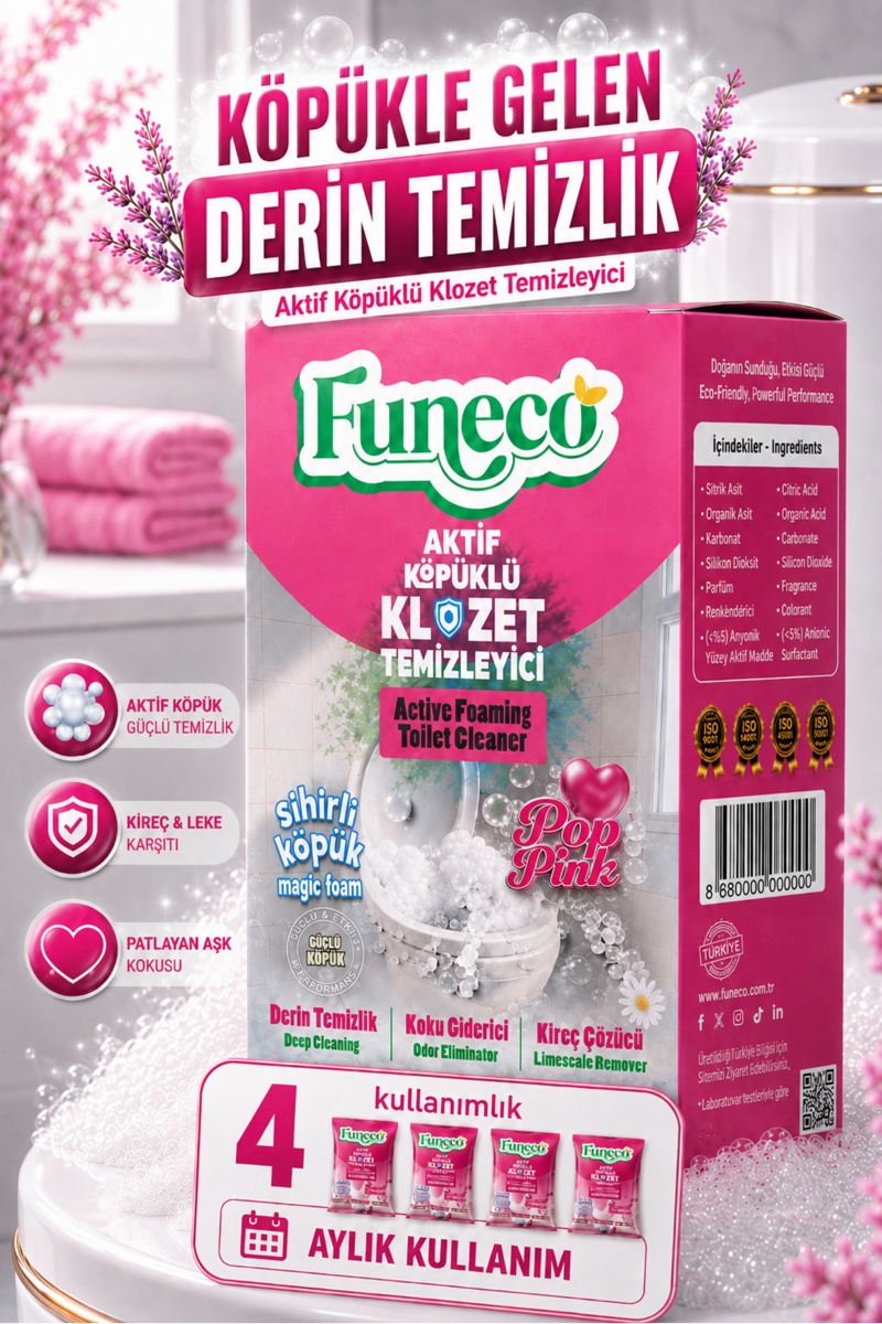 FUNECO Pop Pink - Klozet, Tualet və WC Təmizləyici, 1 Qutu 4 Paket