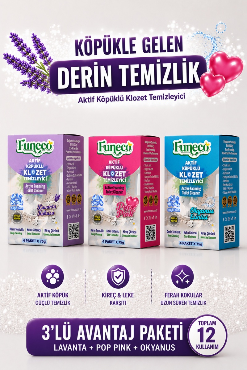 FUNECO Klozet WC Təmizləyici Dəsti - 3 Qutu, hər qutuda 4 paket (Lavanda, Okean, Pop Pink)