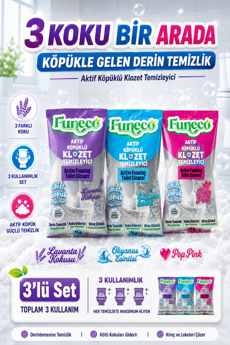 FUNECO Klozet WC Təmizləyici Dəsti - 3 Paket (Lavanda, Okean, Pop Pink)