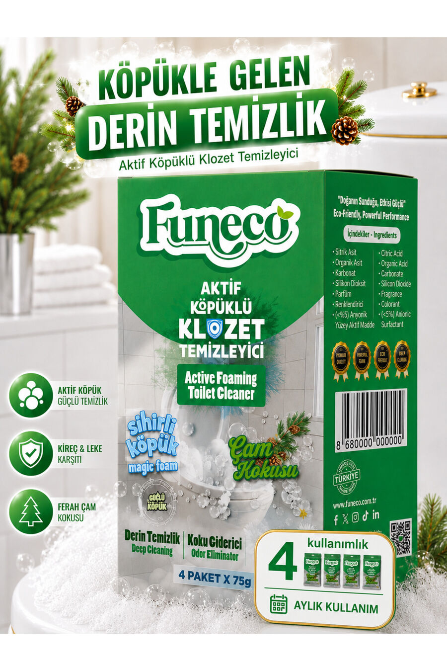 FUNECO Klozet, Tualet və WC Təmizləyici - 1 Qutu, 4 Paket, Şam Təravəti